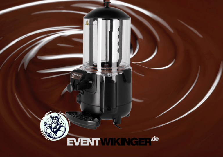 Schokoladendispenser aus Edelstahl mit warmer, flüssiger Schokolade auf einem festlich dekorierten Eventstand