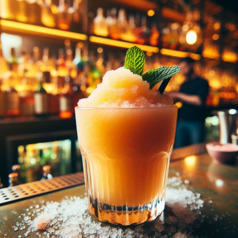 Gefrorener Solero Cocktail in Slush-Konsistenz mit Maracuja, Orange und Vanille, serviert im Cocktailglas mit frischer Fruchtdekoration.