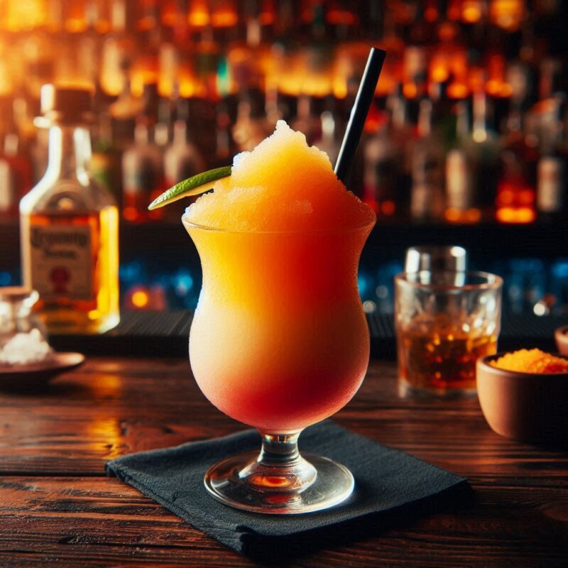Frozen Tequila Sunrise – slushiger Cocktail mit Tequila, Orangensaft und Grenadine, serviert eisgekühlt
