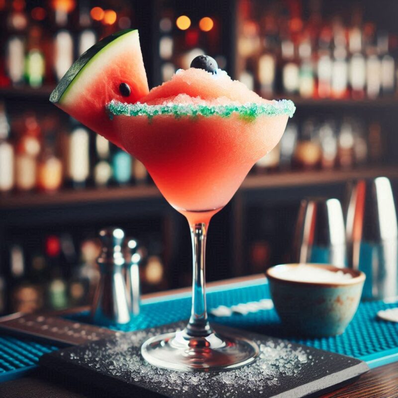 Frozen Watermelon Martini in Slush-Konsistenz, serviert im Cocktailglas mit frischen Wassermelonenstücken und Minze