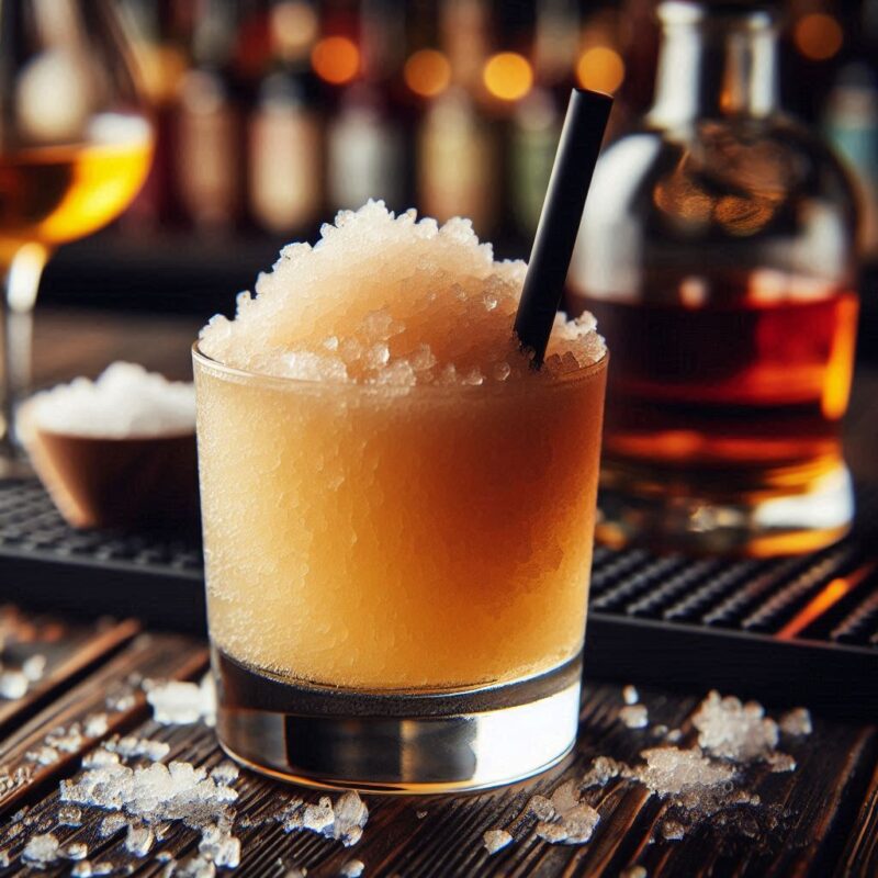 Gefrorener Whiskey Sour Cocktail im Glas mit Zitronenscheibe und Crushed Ice, serviert als erfrischender Frozen Drink.