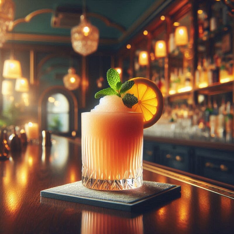 Frozen Peach Bellini Cocktail aus frischen Pfirsichen und Prosecco in Slush-Form, serviert im Glas mit Pfirsichdeko.