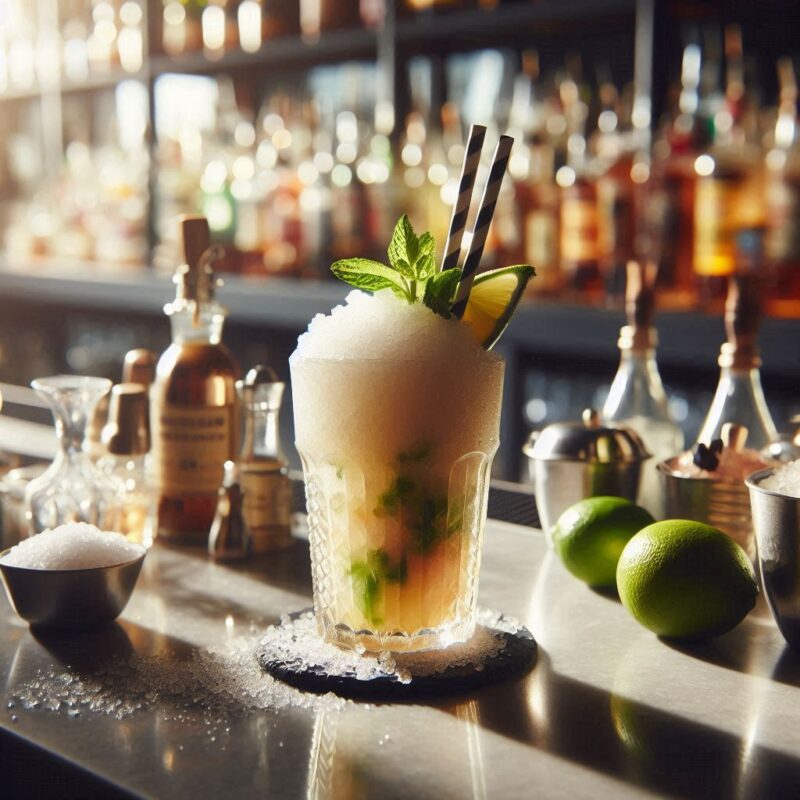 Frozen Caipirinha mit Limetten, crushed ice und Strohhalm in Glas serviert – perfekter Sommerdrink in Slush-Konsistenz.