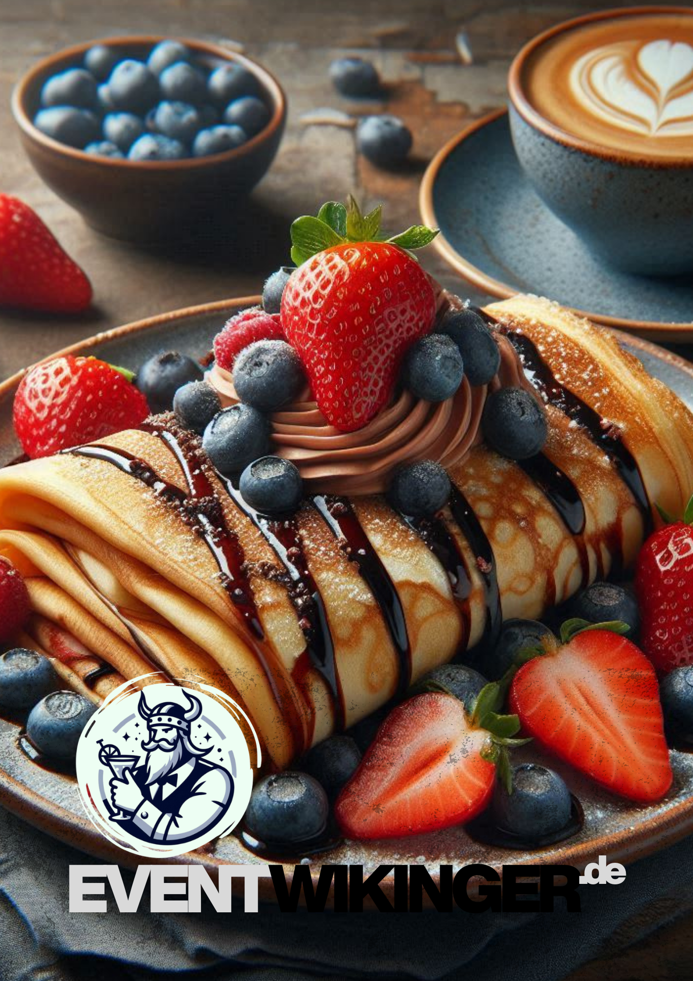 Frisch zubereiteter, heißer Crepe auf einer professionellen Crepes-Platte, dazu Bubble Waffeln und Waffel am Stiel und Zuckerwatte im Hintergrund, perfekt für Catering und Eventverleih in NRW.