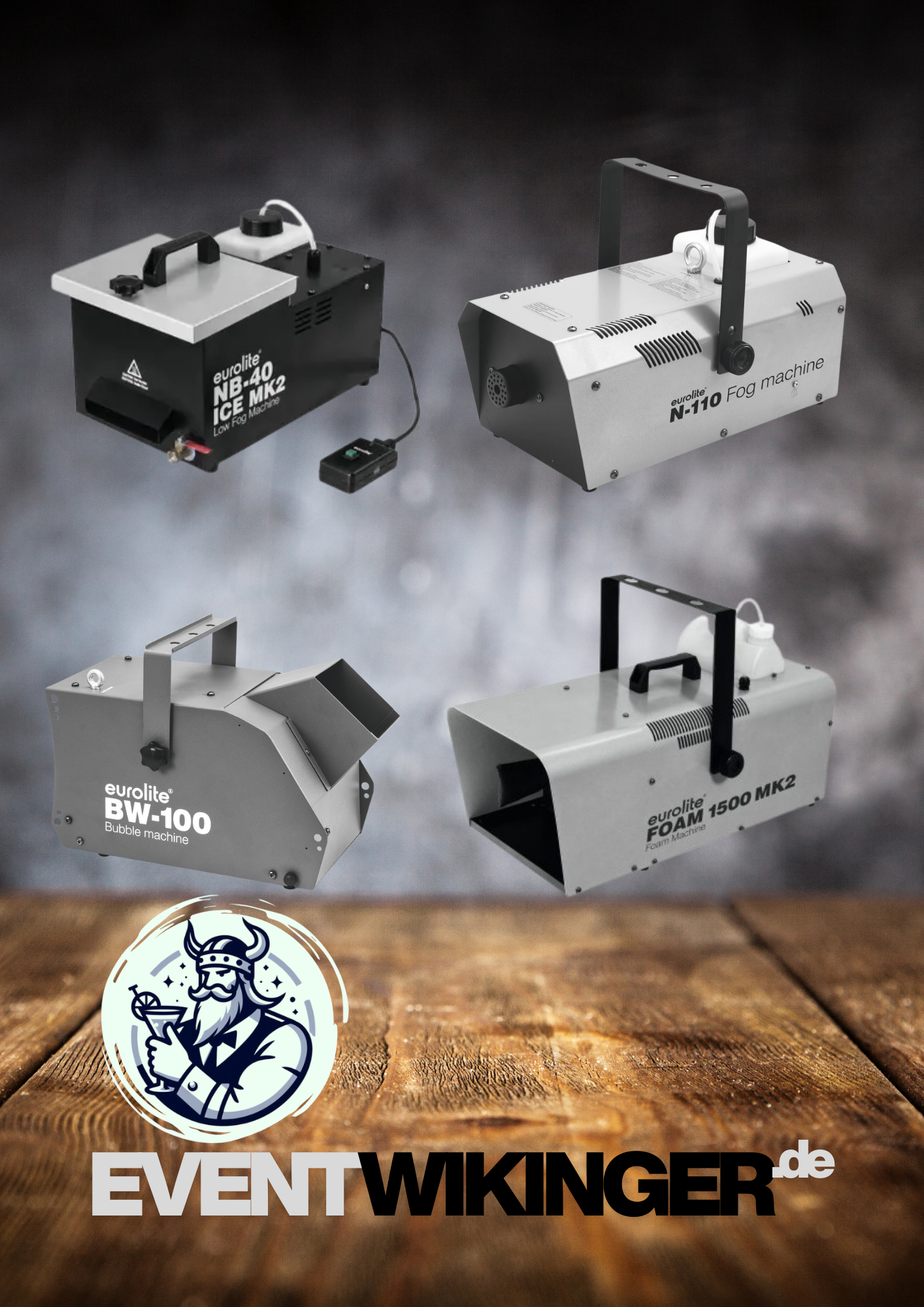 Auswahl an Effektmaschinen im Verleih in NRW: Kompakte Seifenblasenmaschine, leistungsstarke Nebelmaschine, Bodennebelmaschine mit tiefem Dunst und Schaummaschine mit hohem Ausstoß für besondere Event-Momente.