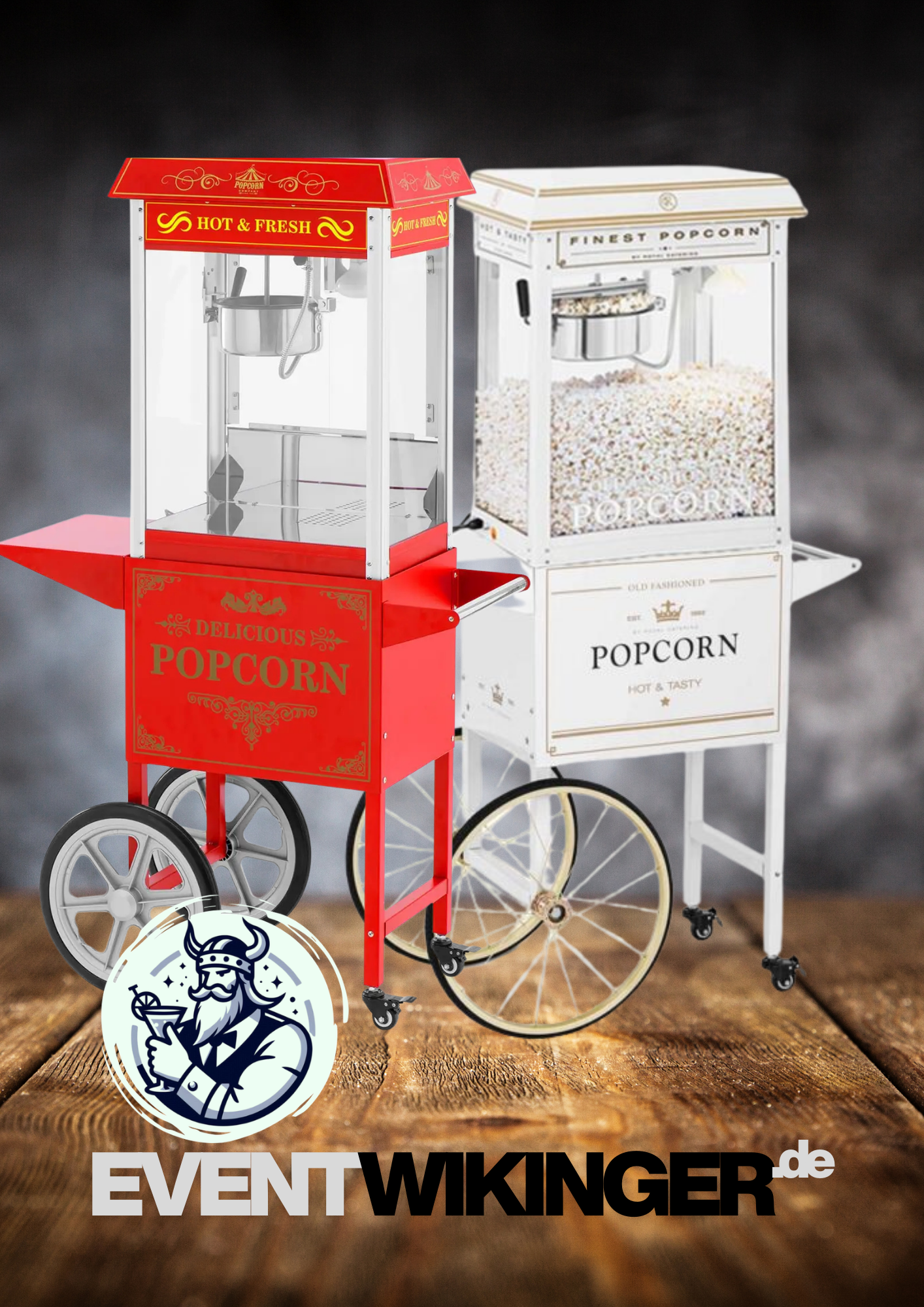 Zwei professionelle Popcornmaschinen im Verleih in NRW nebeneinander: Eine rote Maschine im Retro-Look mit Wagen und eine moderne, weiß-goldene Maschine, bereit für Events.