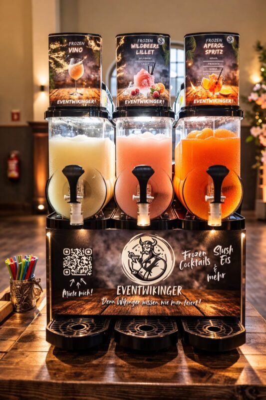 Frozen Vino Slush Maschine Eventwikinger mit drei Sorten – Wildbeere Lillet, Aperol Spritz und Frozen Vino auf Hochzeit oder Event