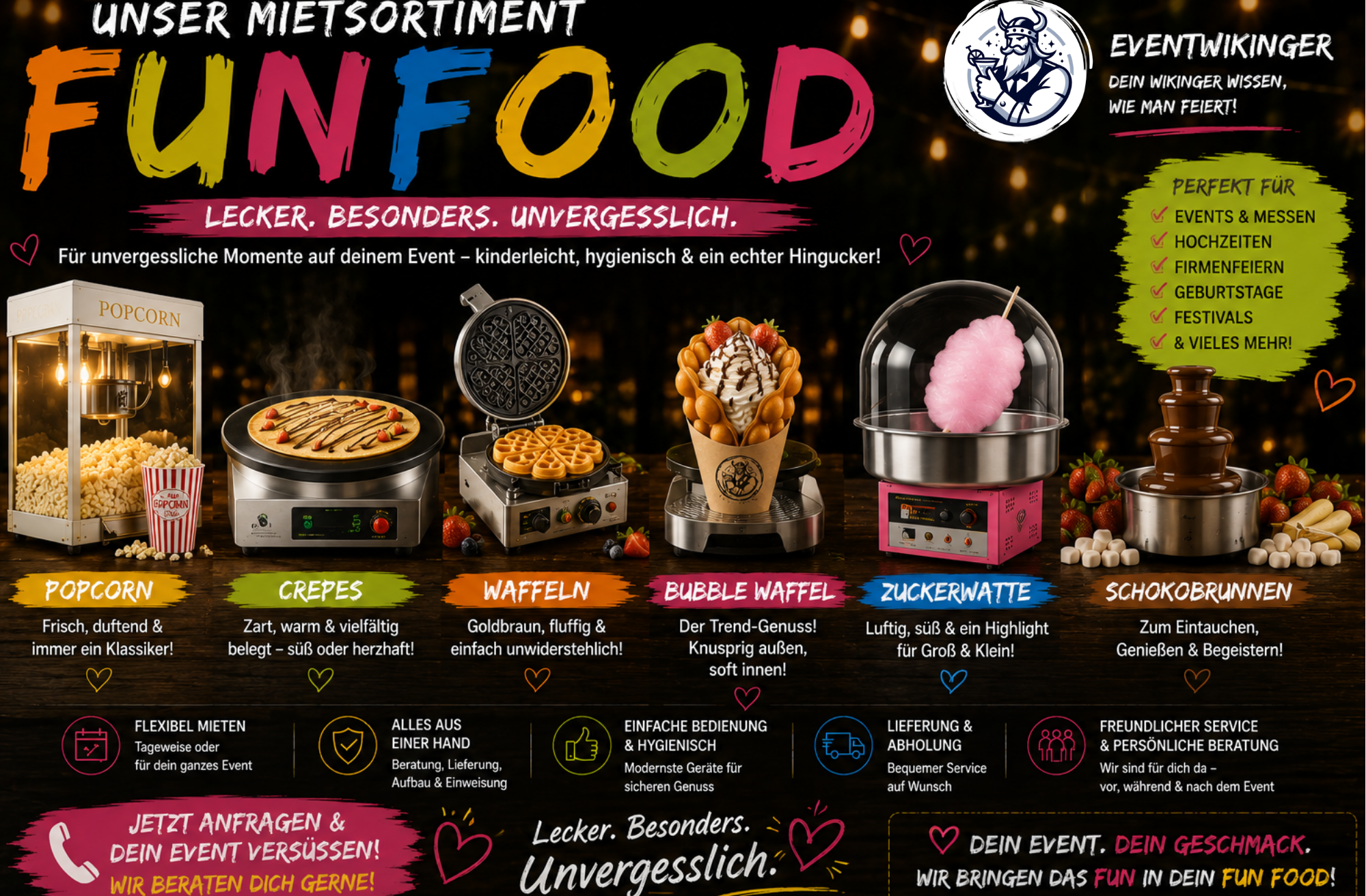 Übersicht des Eventwikinger Funfood-Mietsortiments mit Popcornmaschine, Crêpes-Gerät, Waffeleisen, Bubble-Waffel-Maker, Zuckerwattemaschine und Schokobrunnen für Hochzeiten, Firmenfeiern, Messen, Geburtstage und Events.