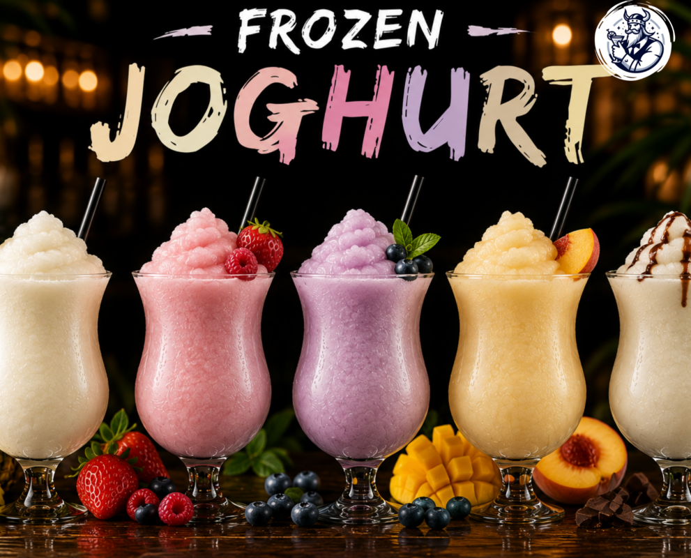Frozen Joghurt mit und ohne Topping in Slush Konsistenz aus der Slush Eis Maschine
