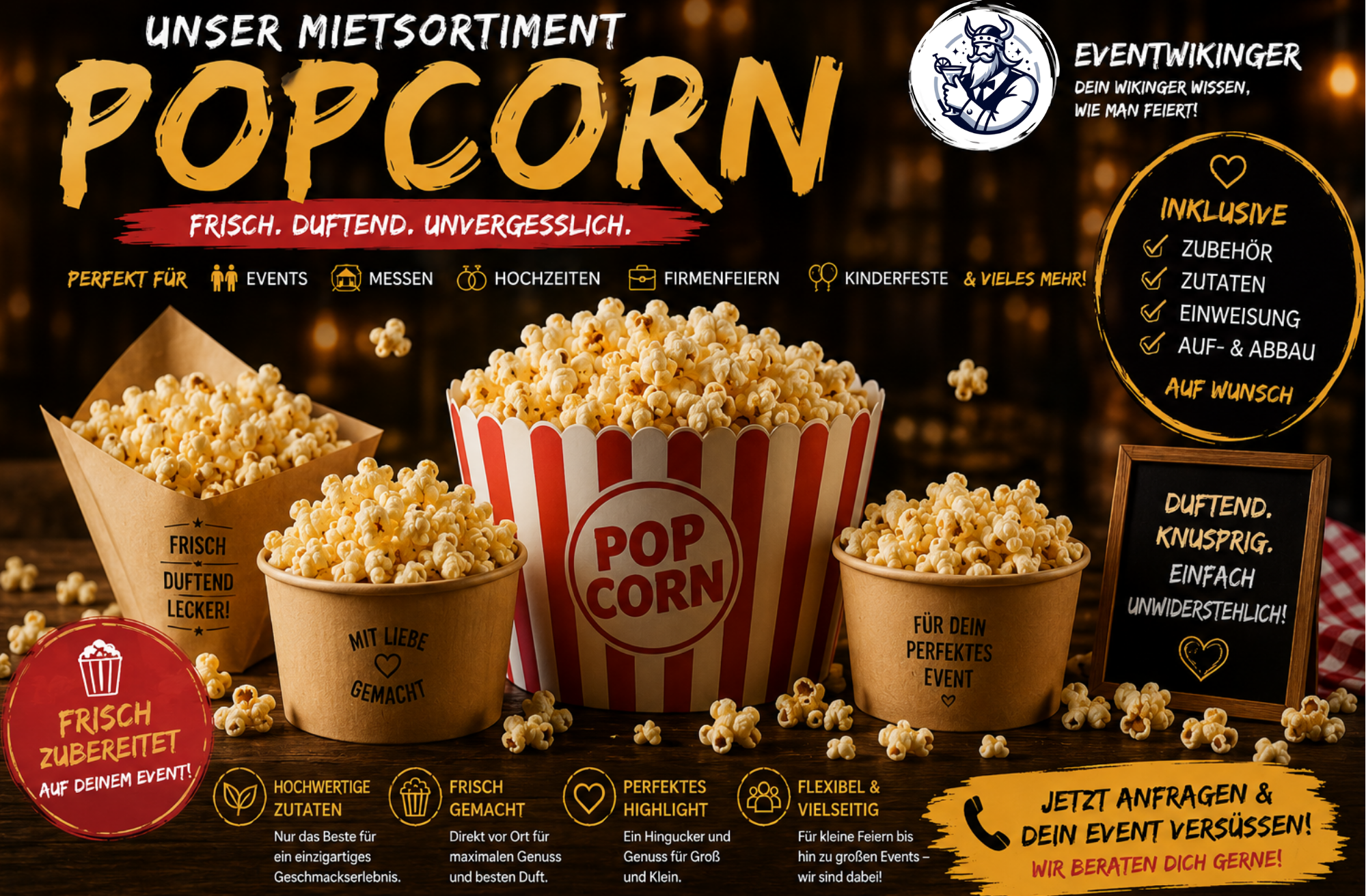 Popcornmaschinen mieten in Rot oder Weiß Gold mit Popcorn und Zubehör für Events, Messen und Veranstaltungen