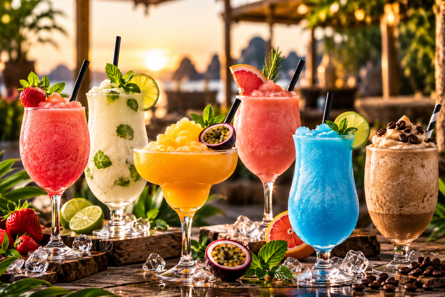 Stilvoll angerichtete Frozen Drinks mit Früchten für Hochzeiten, Firmenfeiern und Events
