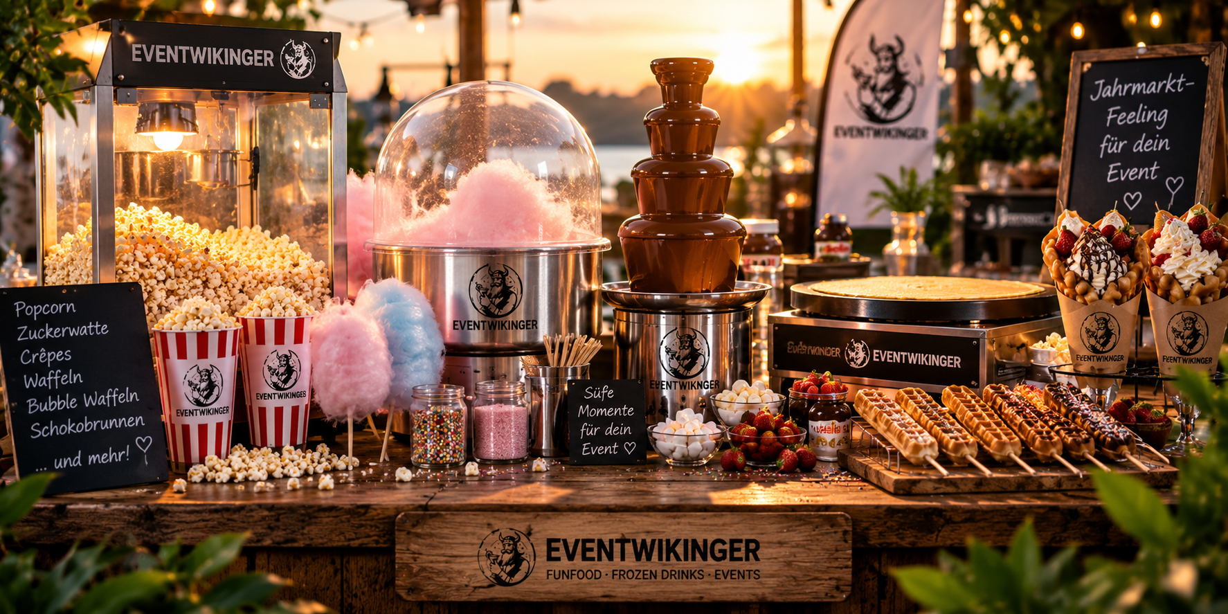Funfood-Sortiment von Eventwikinger mit Popcorn, Zuckerwatte, Schokobrunnen, Crêpes, Bubble Waffeln und Waffeln am Stiel