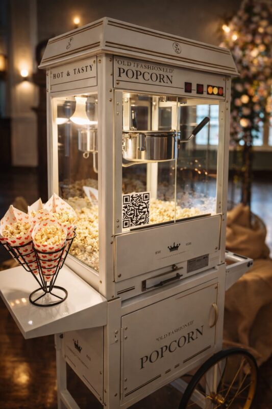 Weiß-Gold-Popcornmaschine mit frischem Popcorn, Spitztüten mit Herzen auf der Ablage, festlich dekorierter Saal