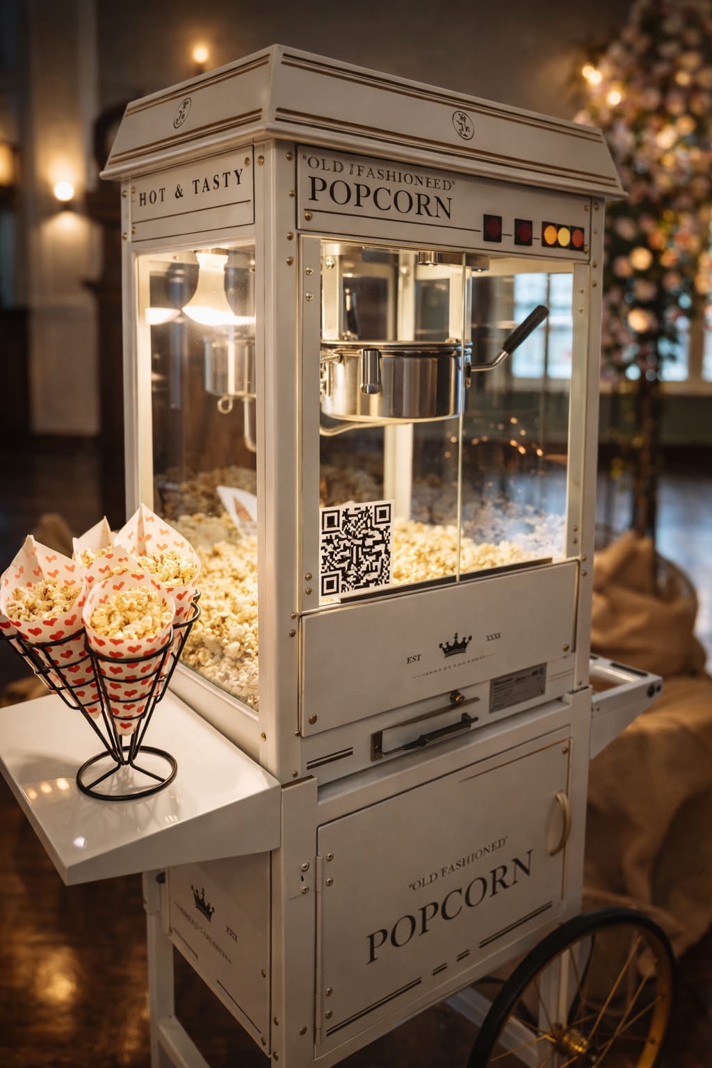 Weiß-Gold-Popcornmaschine mit frischem Popcorn, Spitztüten mit Herzen auf der Ablage, festlich dekorierter Saal